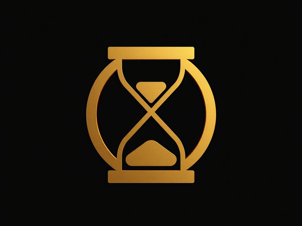 A minimalist icon: an hourglass merging with an infinity symbol, gold metallic texture, dark background, photorealistic 8k